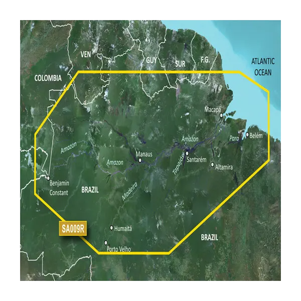 Garmin map card South America Inland Maps BlueChart g3 microSD/SD with Amazon region and yellow boundary