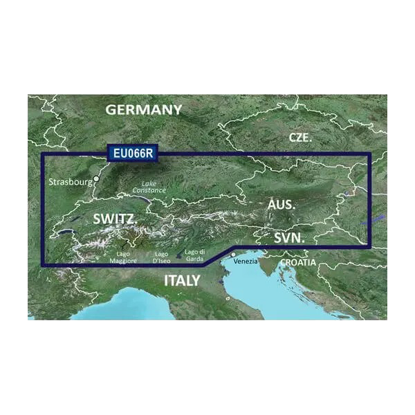 Garmin Alpine Lakes BlueChart g3 map card EU066R on microSD/SD, Central Europe map with blue highlight