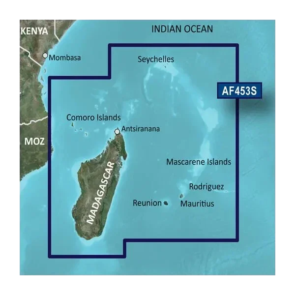 Garmin Indian Ocean Mascarene Plateau and Madagascar BlueChart g3 Vision map (AF453S) on microSD/SD.