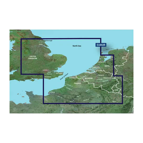 Garmin BlueChart g3 Vision map card, microSD/SD, Great Britain to Belgium/Luxembourg, blue-outline map