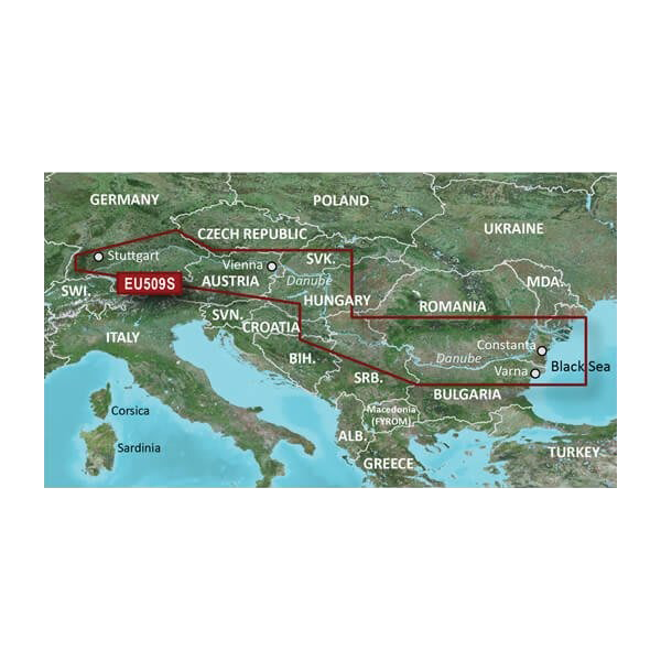 Garmin Danube River Charts BlueChart g3 Vision map on microSD/SD, VEU509S with red Danube route across Europe