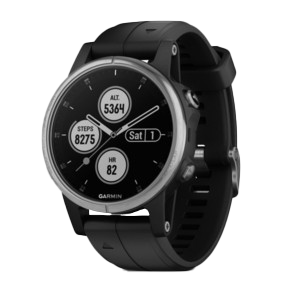 Garmin Fenix 5S Plus smart watch, silver case with black silicone band