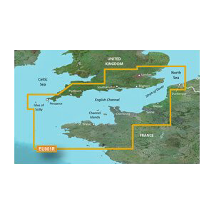 Garmin Bluechart G2 English Channel map card showing UK–France coastline with orange outline.