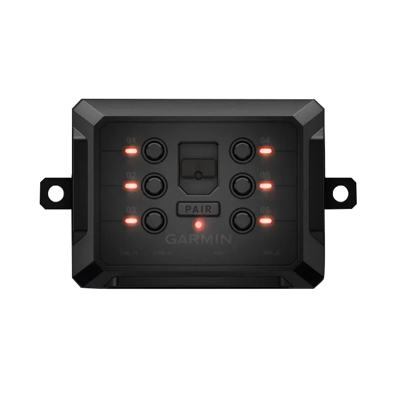 Garmin PowerSwitch certified refurbished, black control panel with six labeled buttons and LED indicators