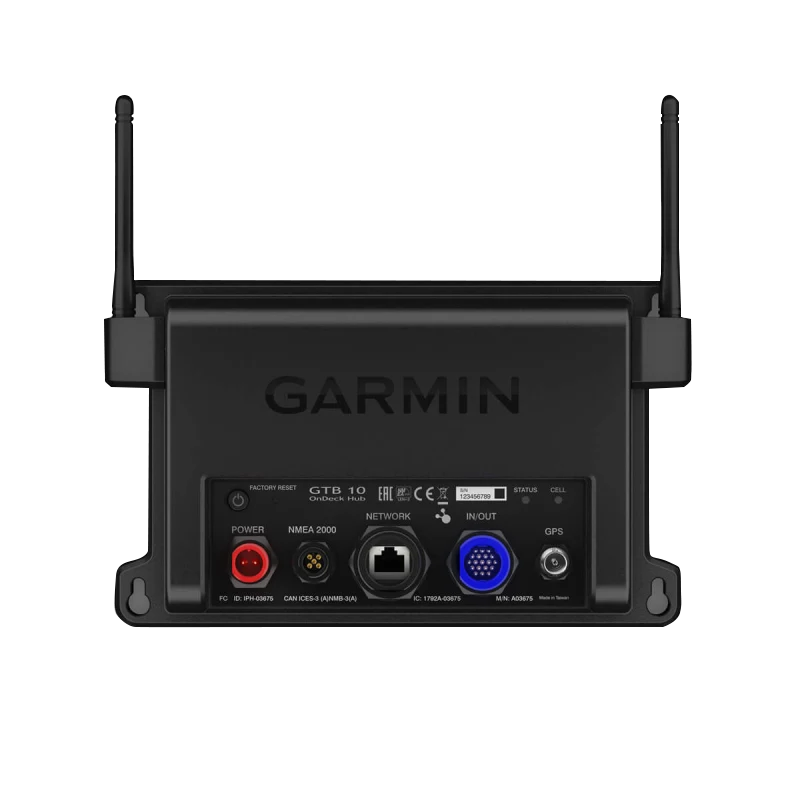 Garmin OnDeck Hub 010-02134-00, black marine GPS hub for EchoMap with red power and blue network ports.