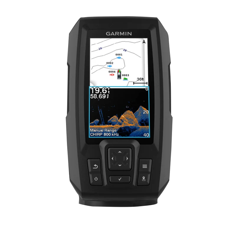 Garmin STRIKER Vivid 4cv fish finder with GT20-TM transducer; black rugged handheld unit.
