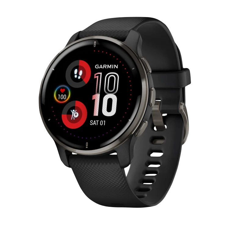 Garmin Venu 2 Plus smartwatch with slate stainless steel bezel and black silicone strap, certified refurbished.