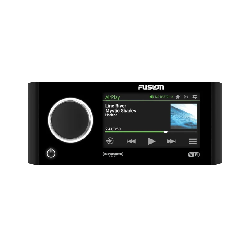 Garmin Fusion Apollo MS-RA770 marine stereo with built-in Wi-Fi, black front panel and large left dial