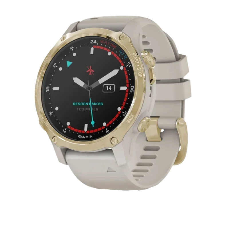 Garmin Descent Mk2S dive computer, light gold bezel with light sand silicone band, certified refurbished