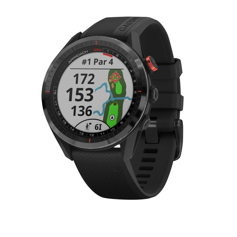 Garmin Approach S62 Smartwatch with black ceramic bezel and black silicone band, certified refurbished