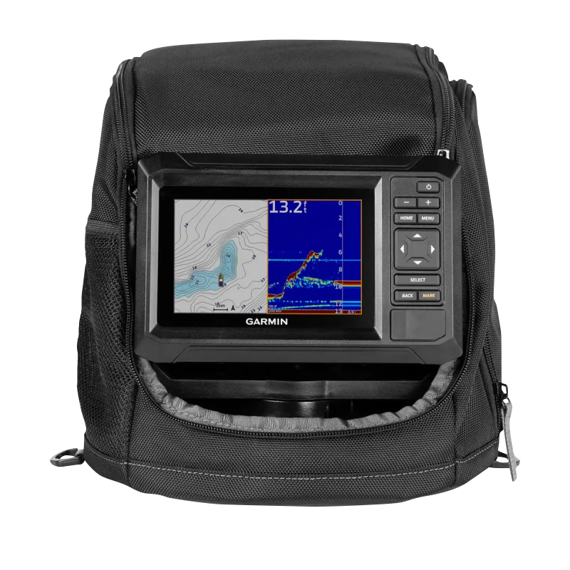 Garmin ECHOMAP 55cv UHD2 ice fishing chartplotter in a black carrying case