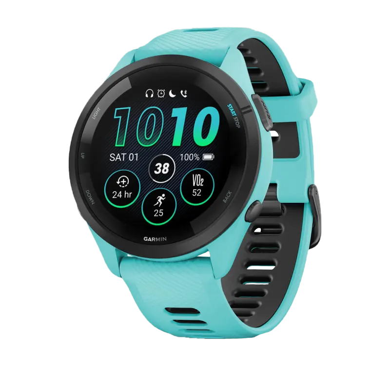 Garmin Forerunner 265 smartwatch, 46 mm aqua case with aqua/black silicone band