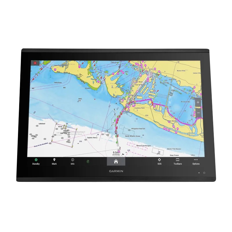 Garmin GPSMAP 8624 marine chartplotter display with black bezel, large touchscreen showing nautical chart