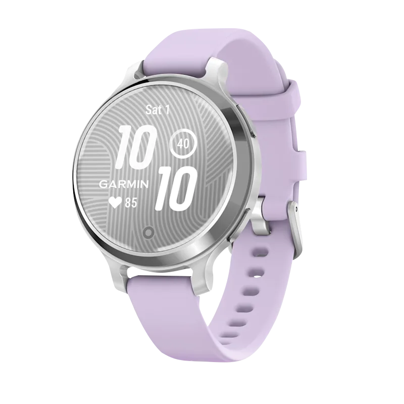 Garmin Lily 2 Active smartwatch, silver case with purple jasmine silicone band