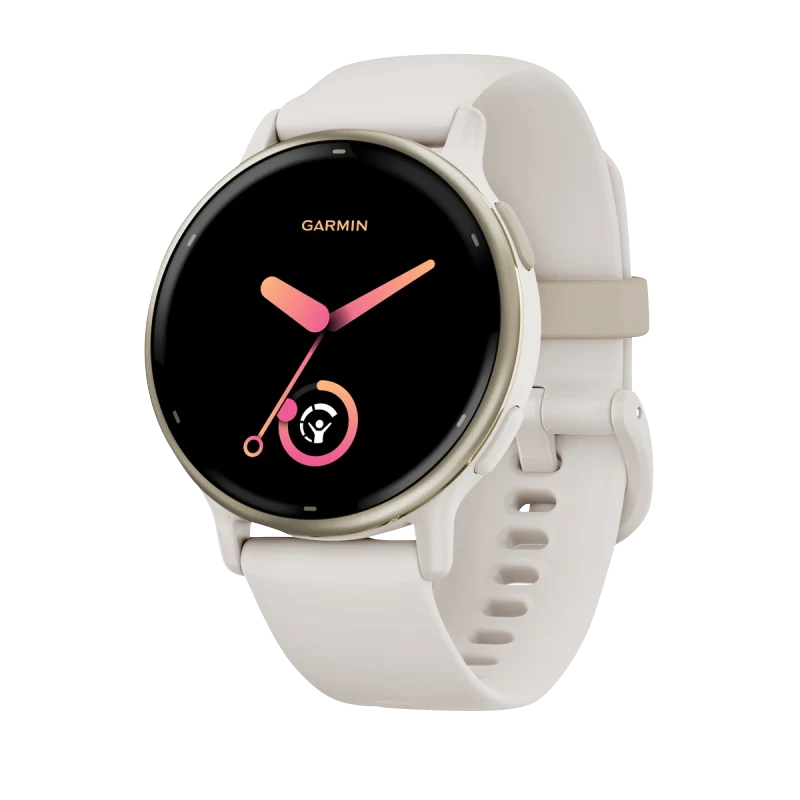 Garmin Vivoactive 5 smartwatch, cream-gold aluminum bezel with ivory silicone band