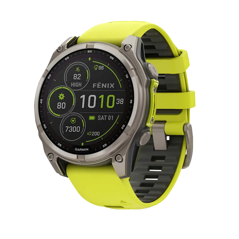 Garmin Fenix 8 smartwatch, 47 mm AMOLED Solar Sapphire Titanium with neon yellow graphite silicone band
