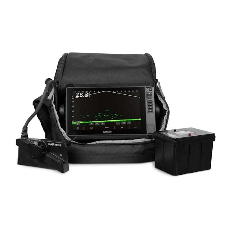 Garmin LiveScope Plus Lithium-ion Ice Fishing Bundle black fish finder kit with portable screen, transducer and battery