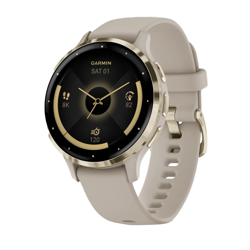 Garmin Venu 3S smartwatch, 41 mm soft gold bezel, French gray case, beige silicone band.