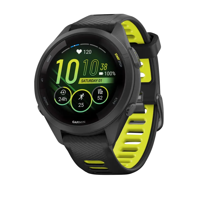 Garmin Forerunner 265S smartwatch, 42mm black bezel with black/yellow band, certified refurbished