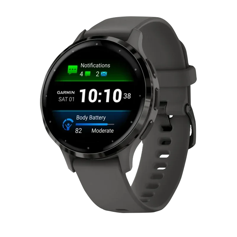 Garmin Venu 3S smartwatch, 41 mm slate stainless-steel bezel with pebble gray silicone band.