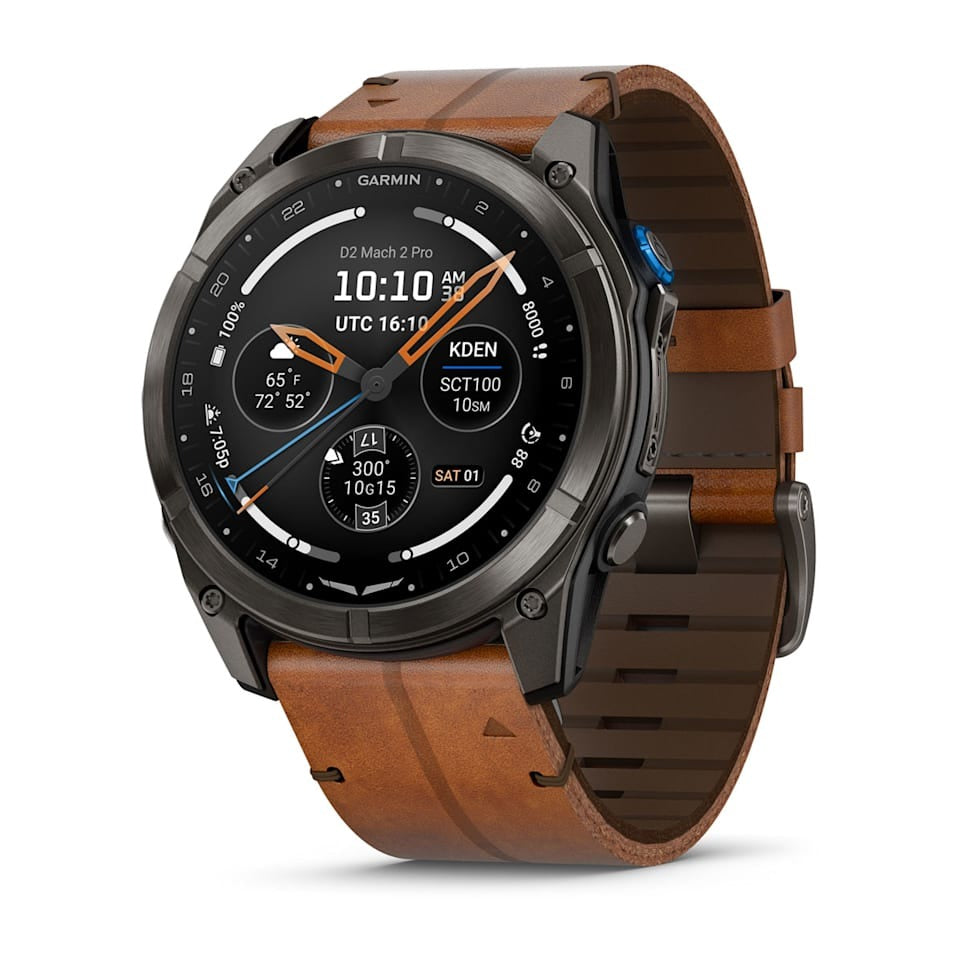Garmin D2 Mach 2 Pro smart watch with carbon gray DLC titanium case and chestnut leather band.