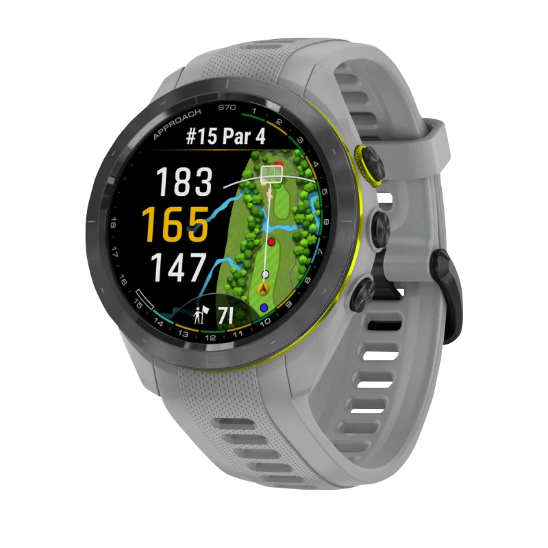Garmin Approach S70 smartwatch, 42 mm, black ceramic bezel with Amp Yellow accent, powder-gray silicone band
