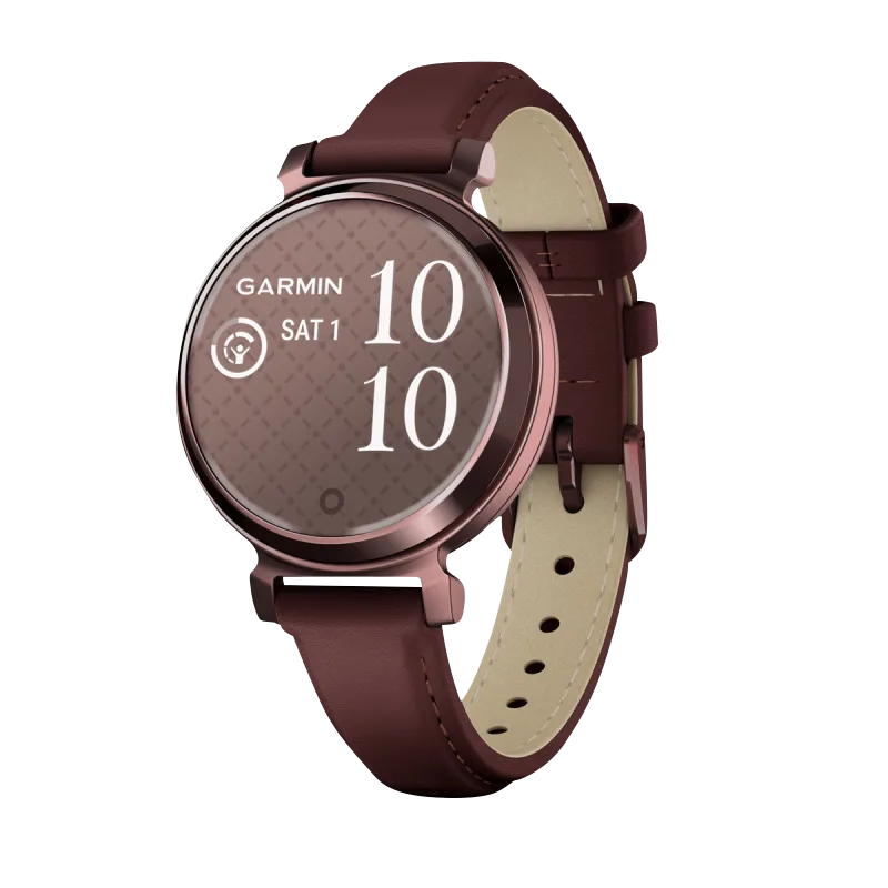 Garmin Lily 2 Classic smartwatch in dark bronze with mulberry leather band, Garmin Certified Refurbished