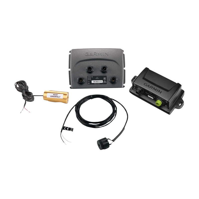 Garmin Reactor 40 hydraulic autopilot system components (5-piece): gray control unit, wiring, sensor, and mount module