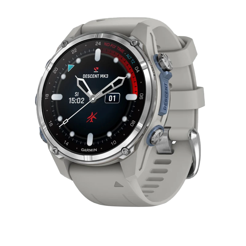Garmin Descent Mk3 dive computer with 43 mm stainless steel case and fog gray silicone band.