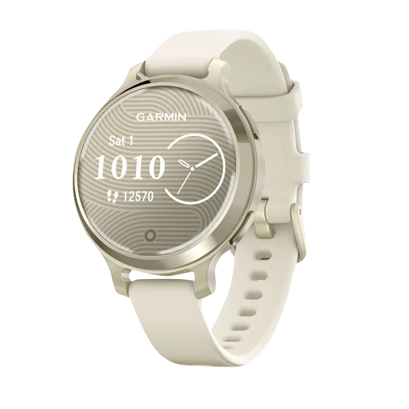 Garmin Lily 2 Active smartwatch in Lunar Gold with bone silicone band; certified refurbished