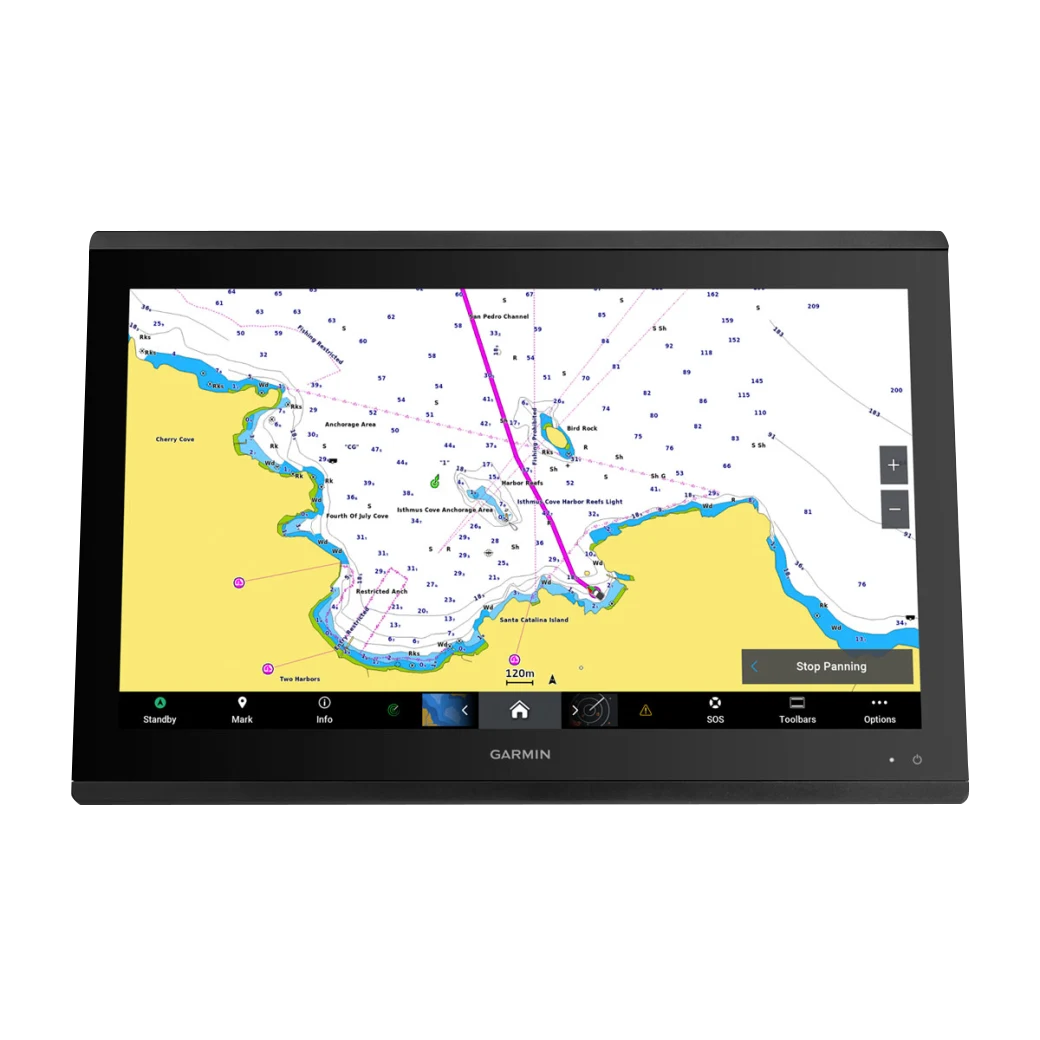 Garmin GPSMAP 8422 MFD marine chartplotter with black bezel displaying nautical chart.