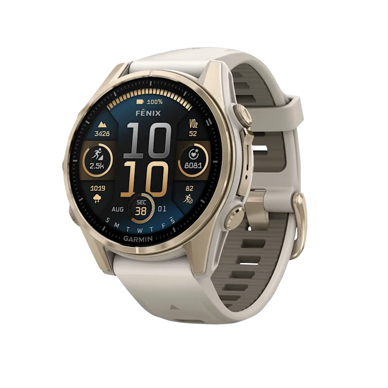 Garmin Fenix 8, 43 mm AMOLED Sapphire, Soft Gold with Fog Gray/Dark Sandstone Silicone Band (010-02903-10) by Garmin