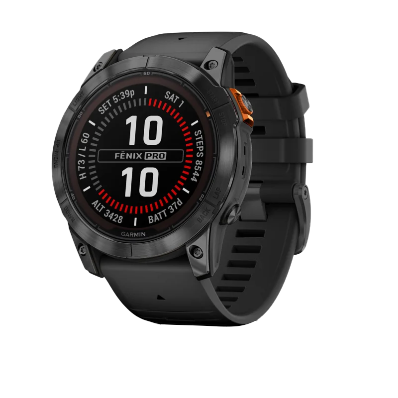 Garmin Fenix 7X Pro Solar Edition smartwatch with black strap and orange crown