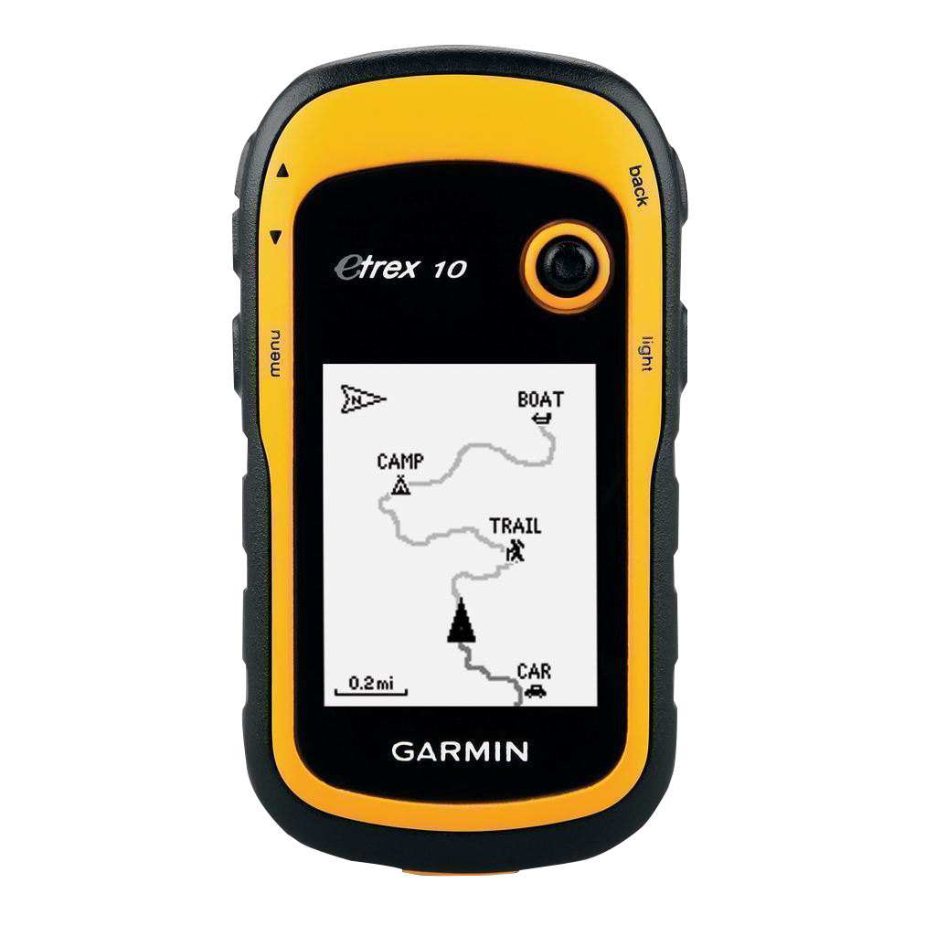 Garmin eTrex 10 handheld GPS device, rugged orange and black with map display
