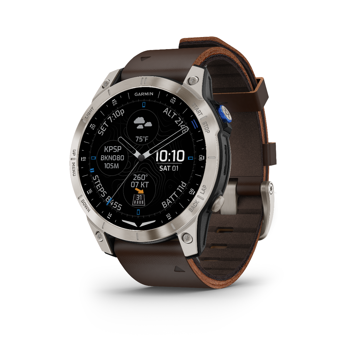 Garmin D2 Mach 1 aviation smartwatch with Oxford brown leather strap