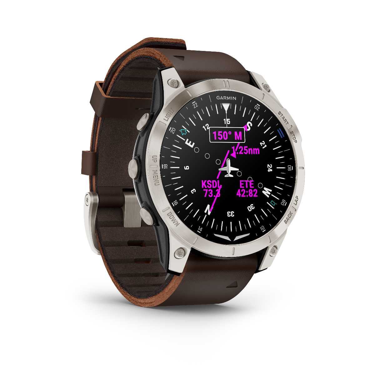 Garmin D2 Mach 1 aviation GPS smartwatch with Oxford brown leather band
