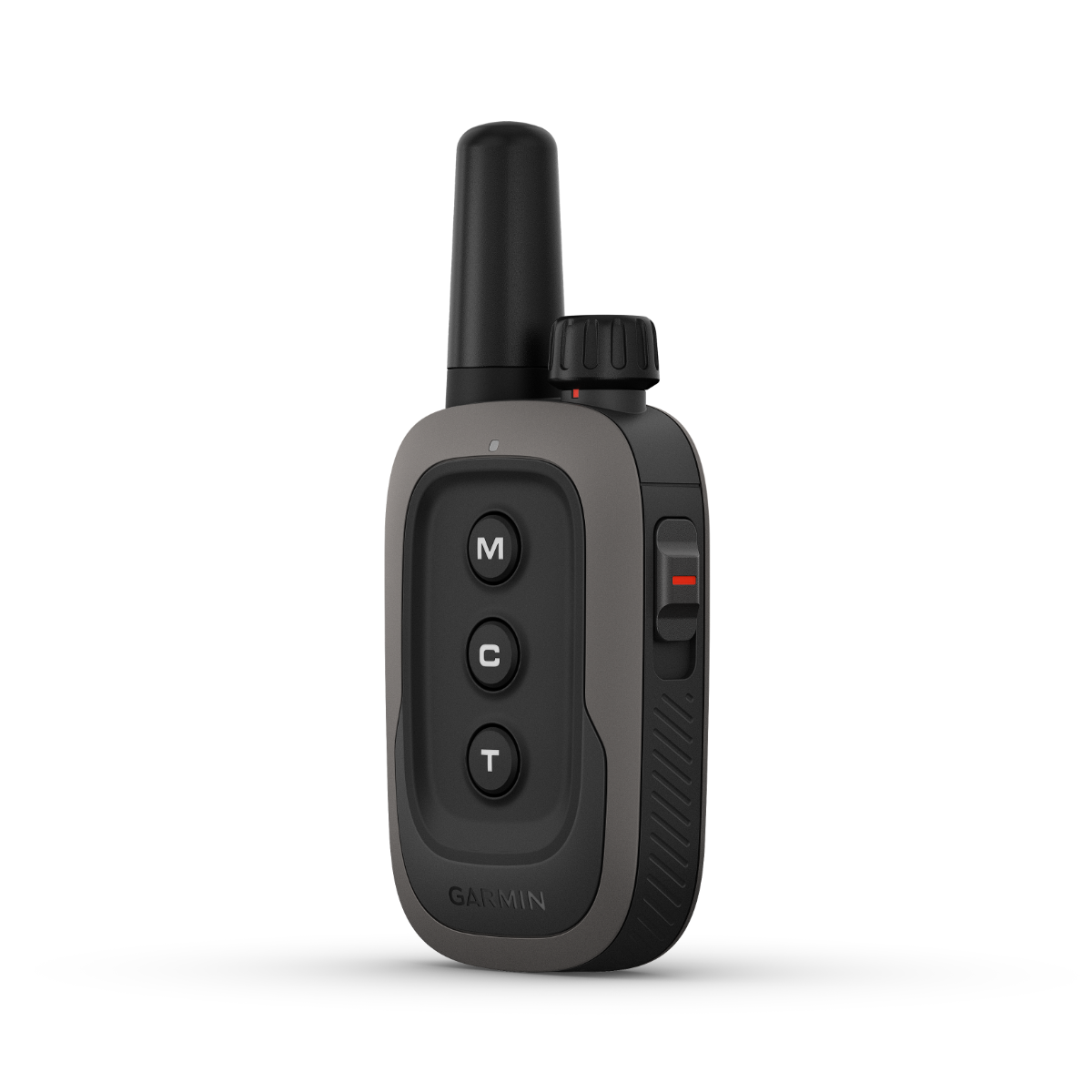 Garmin Delta SE handheld remote for dog training, gray and black body with M, C, T buttons and switch.