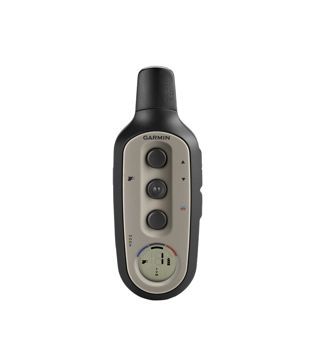 Garmin Delta Sport XC remote dog training device with collar, black body and beige control panel.