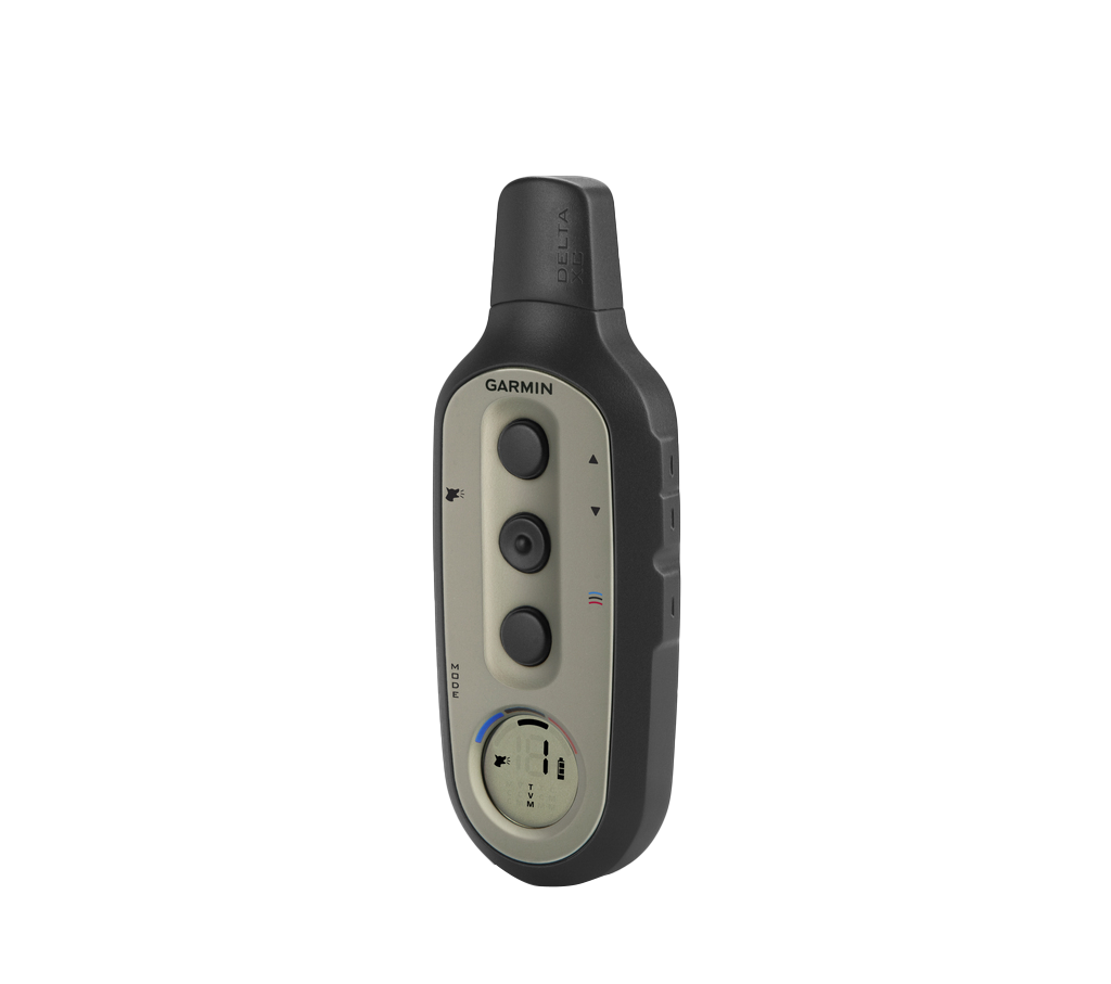Garmin Delta Sport XC handheld dog training remote with collar, beige front panel, gray housing