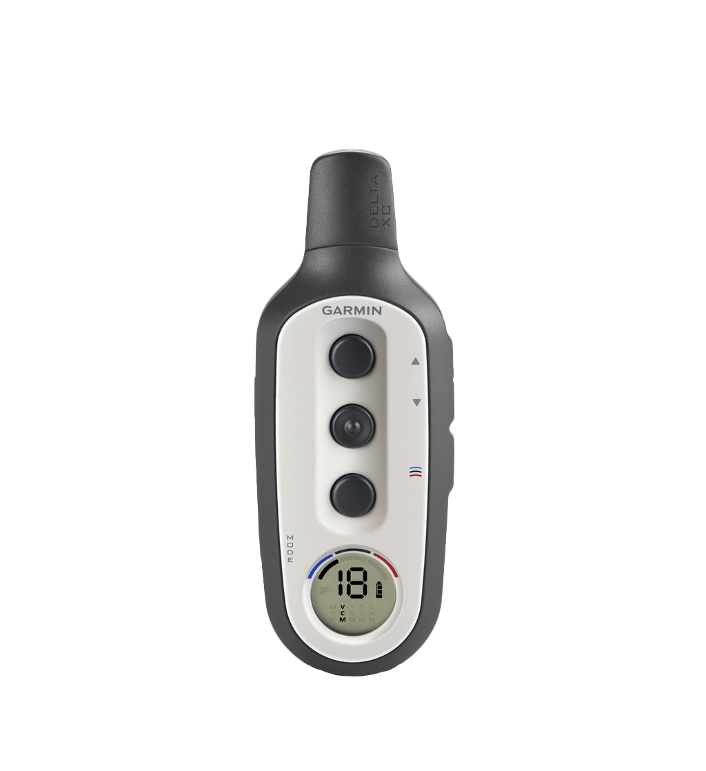 Garmin Delta XC handheld dog-training remote, gray body with white control panel and LCD display