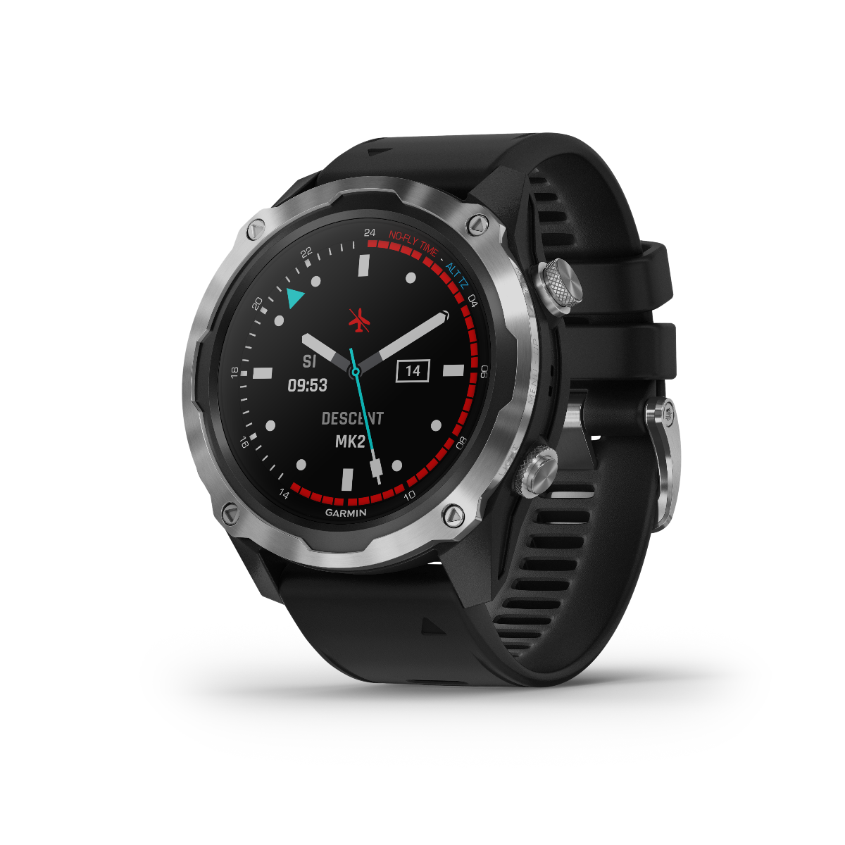 Garmin Descent Mk2 dive watch, stainless steel case with black band, marine smartwatch