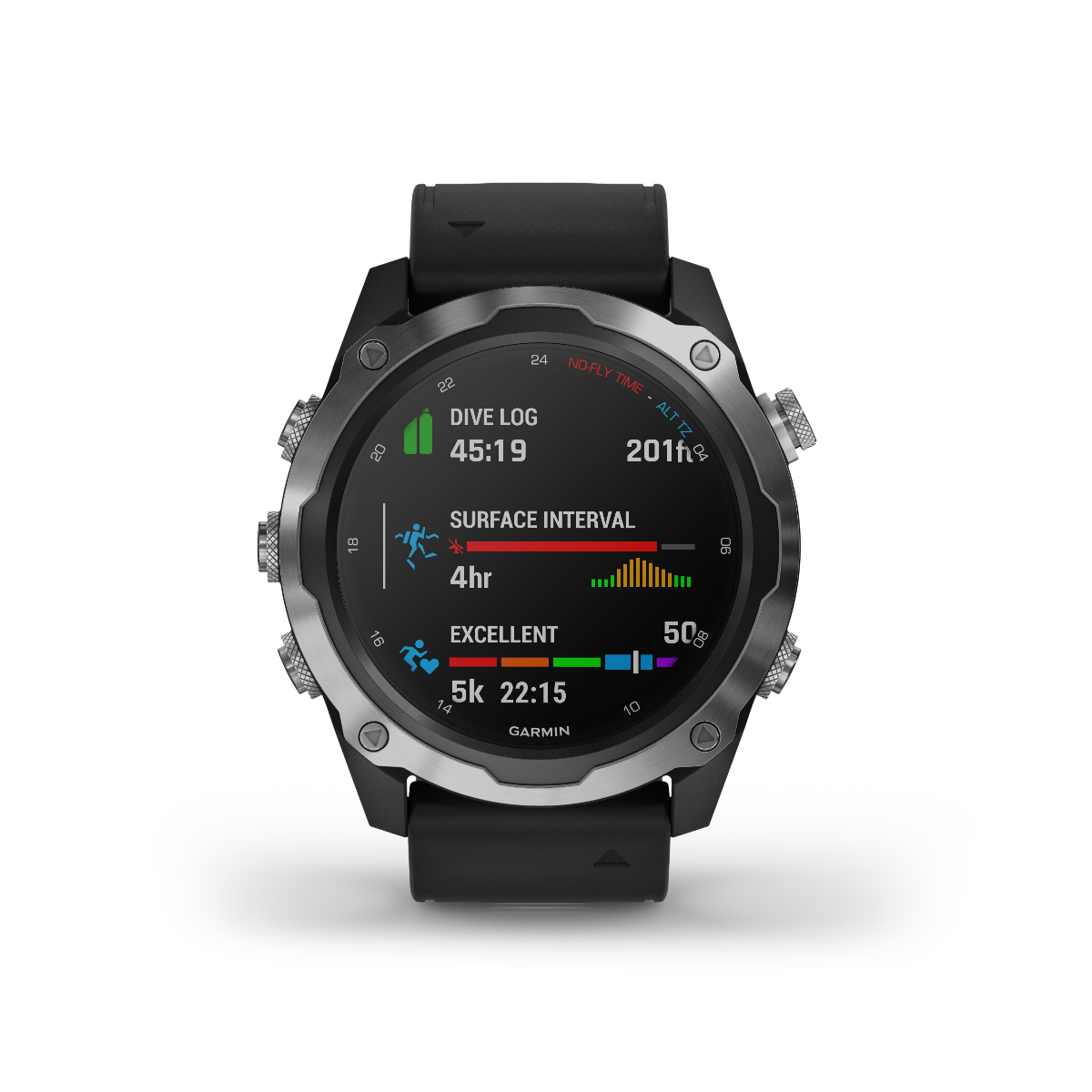 Garmin Descent Mk2 dive watch with stainless steel case and black band, marine smartwatch for divers