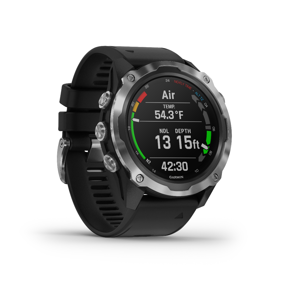 Garmin Descent Mk2 stainless steel watch with black band, marine dive computer
