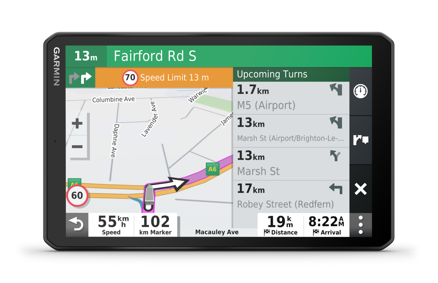 Garmin Dezl OTR800 truck GPS navigator with 8-inch screen in a black chassis showing map navigation