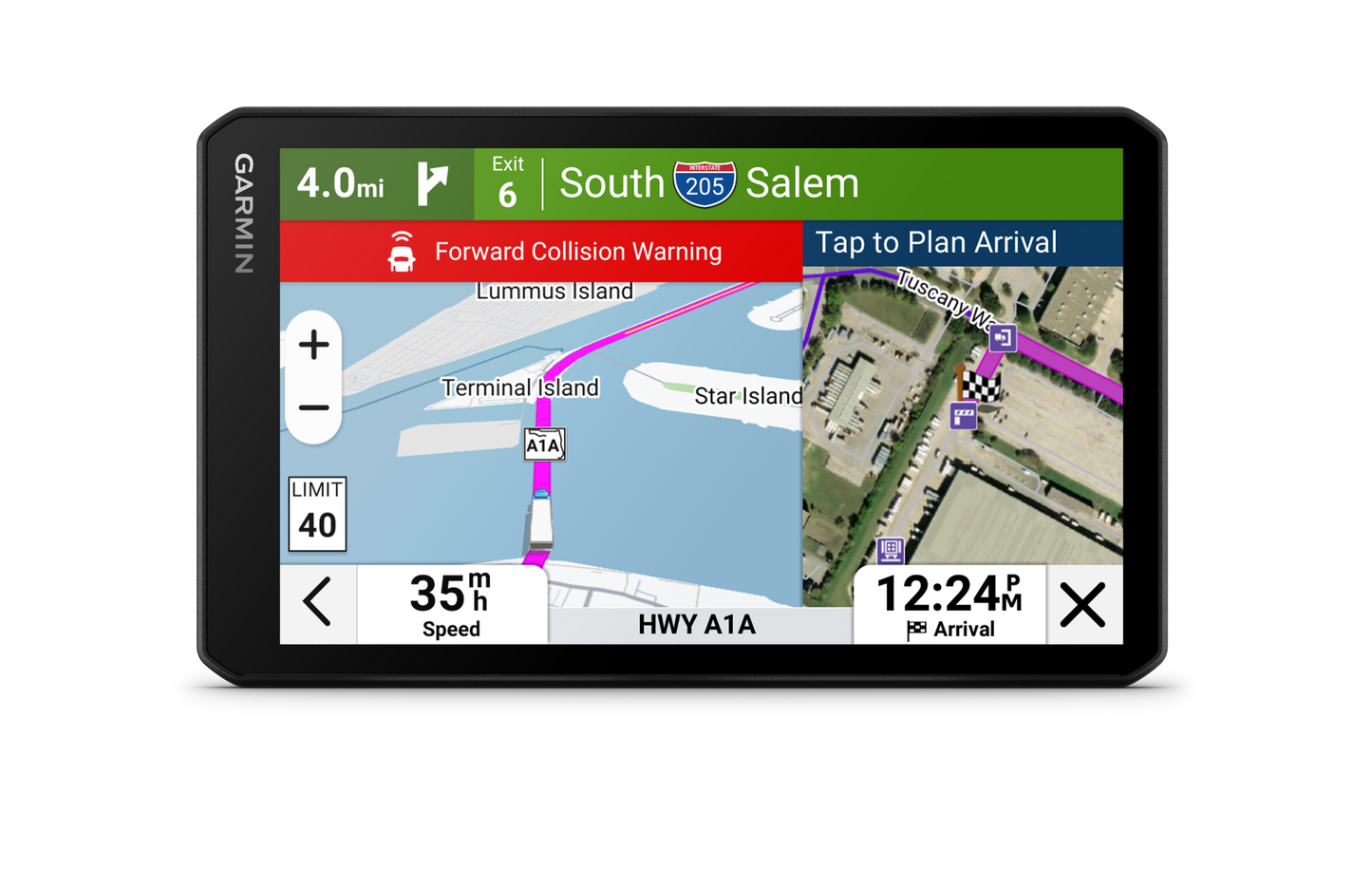 dēzlCam OTR725 Garmin 7-inch GPS truck navigator with built-in dash cam, black bezel.