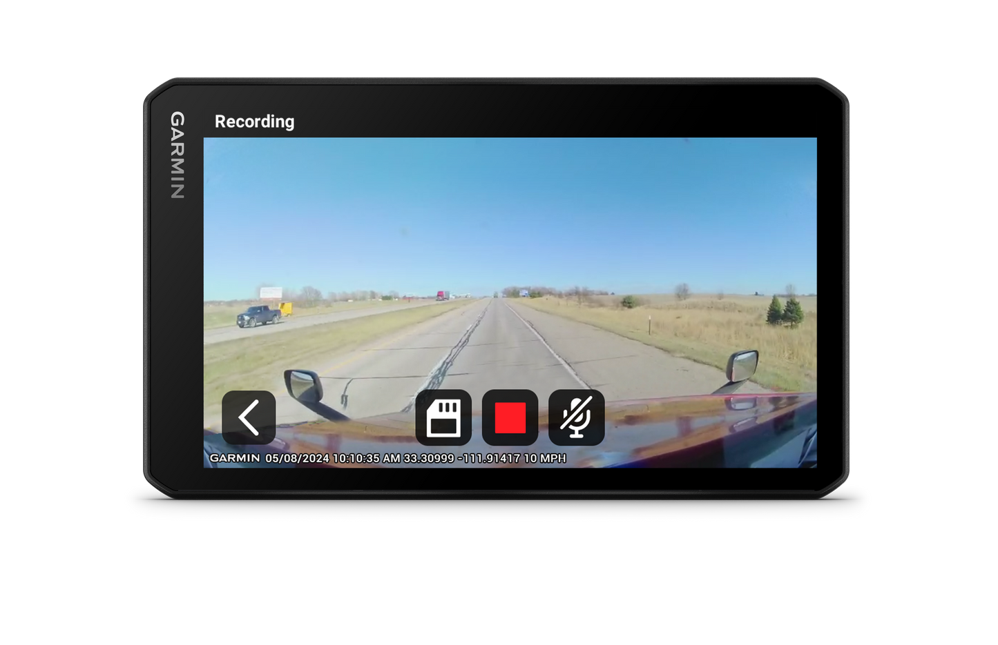 Garmin dezlCam OTR725 7-inch GPS truck navigator with built-in dash cam, black device showing recording UI.