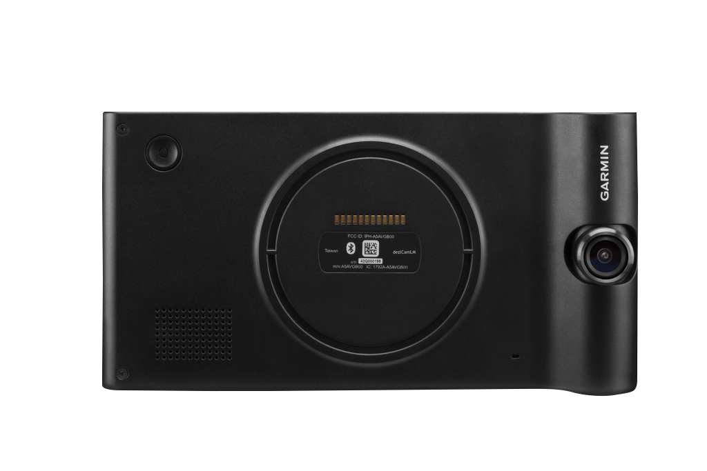 Garmin DezlCam LMTHD GPS navigator, black back view with camera lens and Garmin logo
