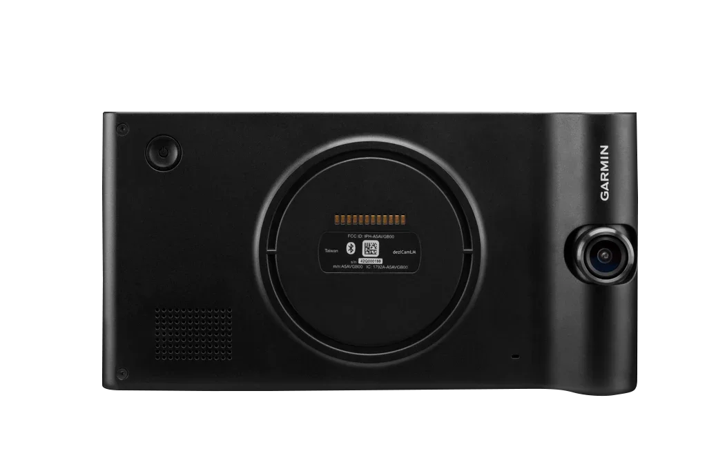 Garmin DezlCam LMTHD GPS navigator, black back view with camera lens and Garmin logo