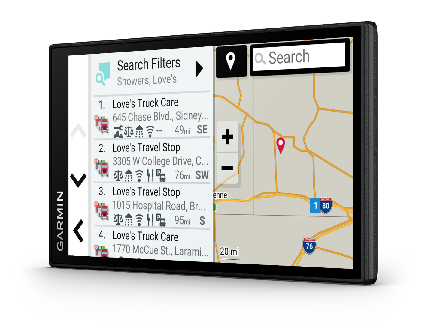 Garmin Dezl OTR610 trucking GPS navigator with 6-inch display showing 4 stops and map