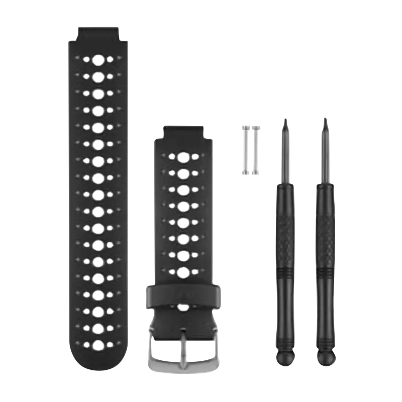 Garmin watch bands 010-11251-82 kit with two black and white perforated straps, buckle, and two screwdrivers